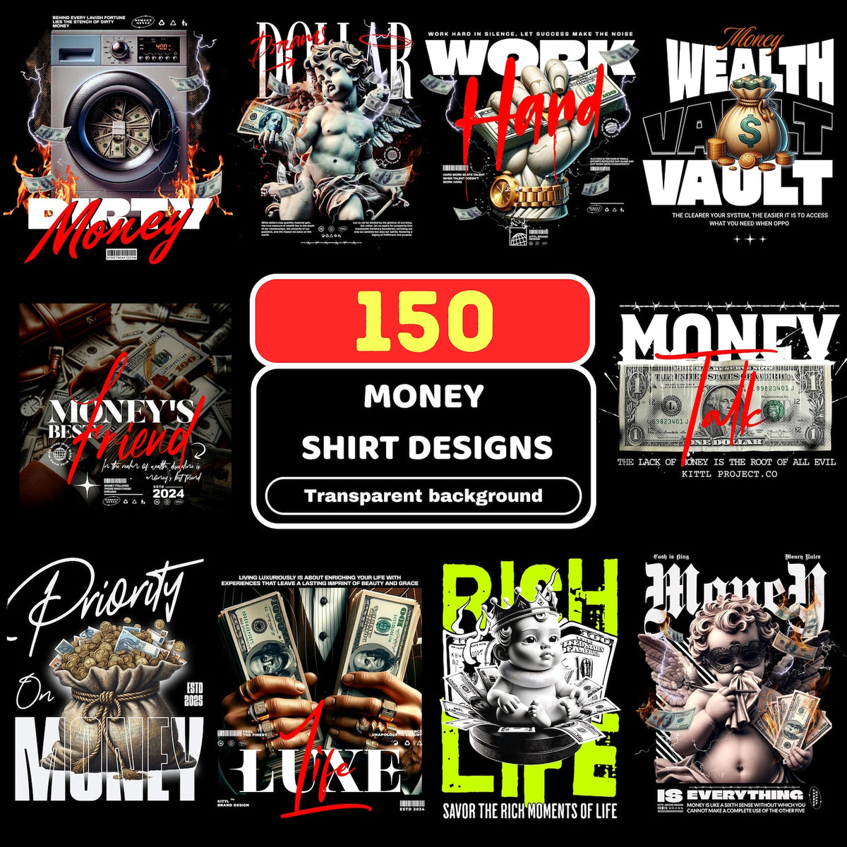 150+ Luxury Urban Money Graphic PNG Bundle | Streetwear Designs for POD Brands