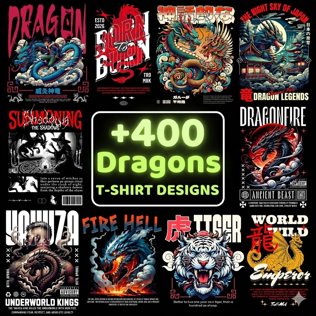 400+ Dragons & Samurai Streetwear PNG Bundle | Urban Japanese Graphic T-Shirt Design Pack for POD