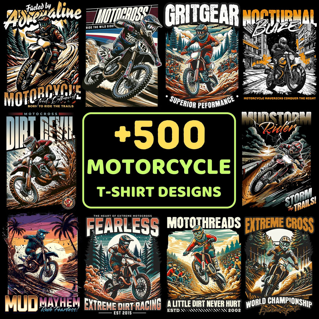 500+ Biker & Motorcycle Streetwear PNG Bundle | Vintage Rider T-Shirt Design Pack for POD