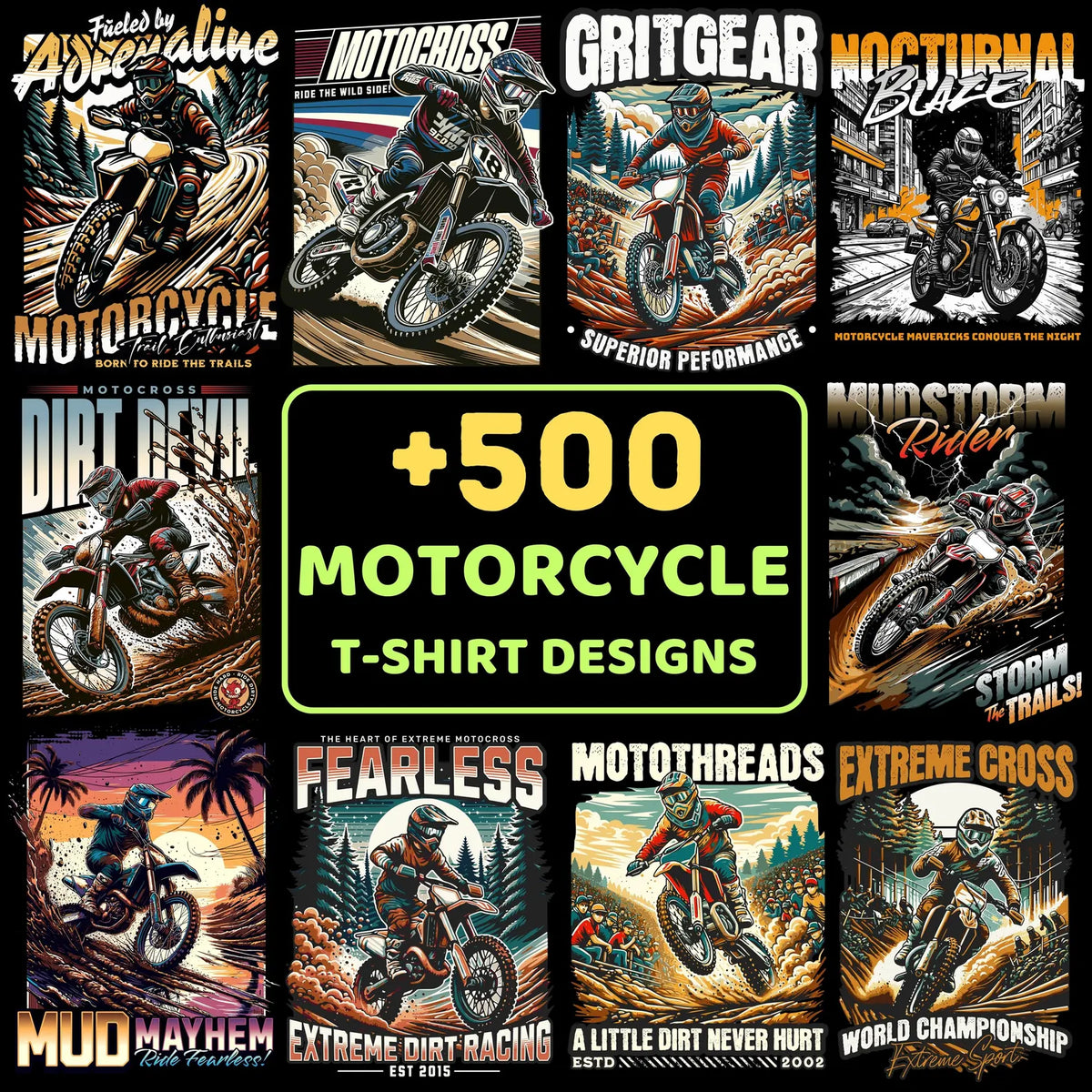 500+ Biker & Motorcycle Streetwear PNG Bundle | Vintage Rider T-Shirt Design Pack for POD