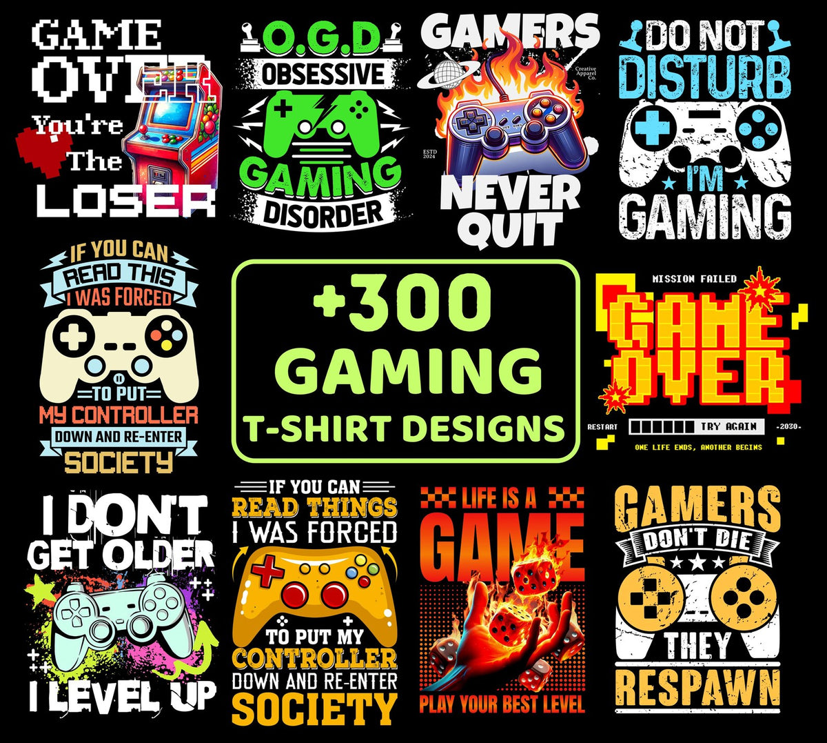 Gaming Clipart PNG Bundle | Gamer Graphics, Controller Designs & T-Shirt Print Pack for POD