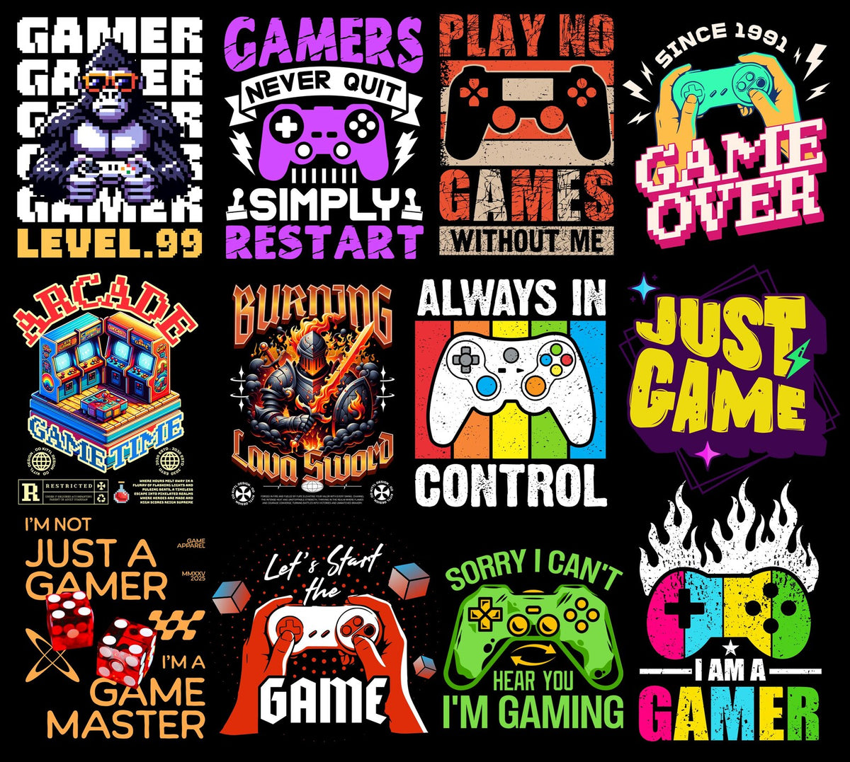Gaming Clipart PNG Bundle | Gamer Graphics, Controller Designs & T-Shirt Print Pack for POD