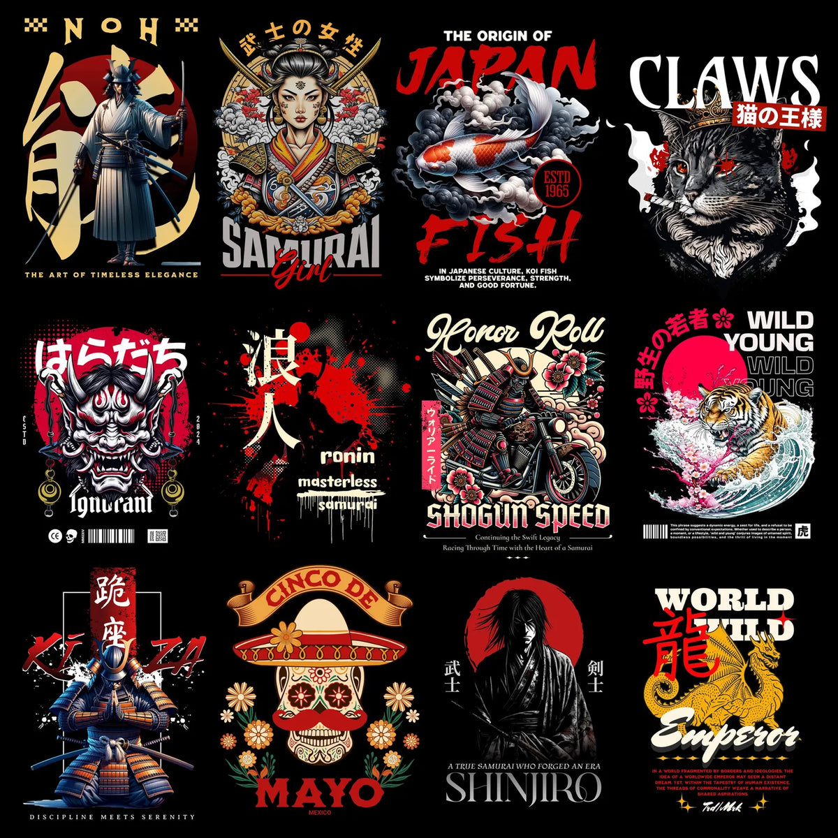 250+ Japanese Streetwear PNG Bundle | Samurai, Koi Fish, Geisha, Sumo & Katana Designs for POD Brands