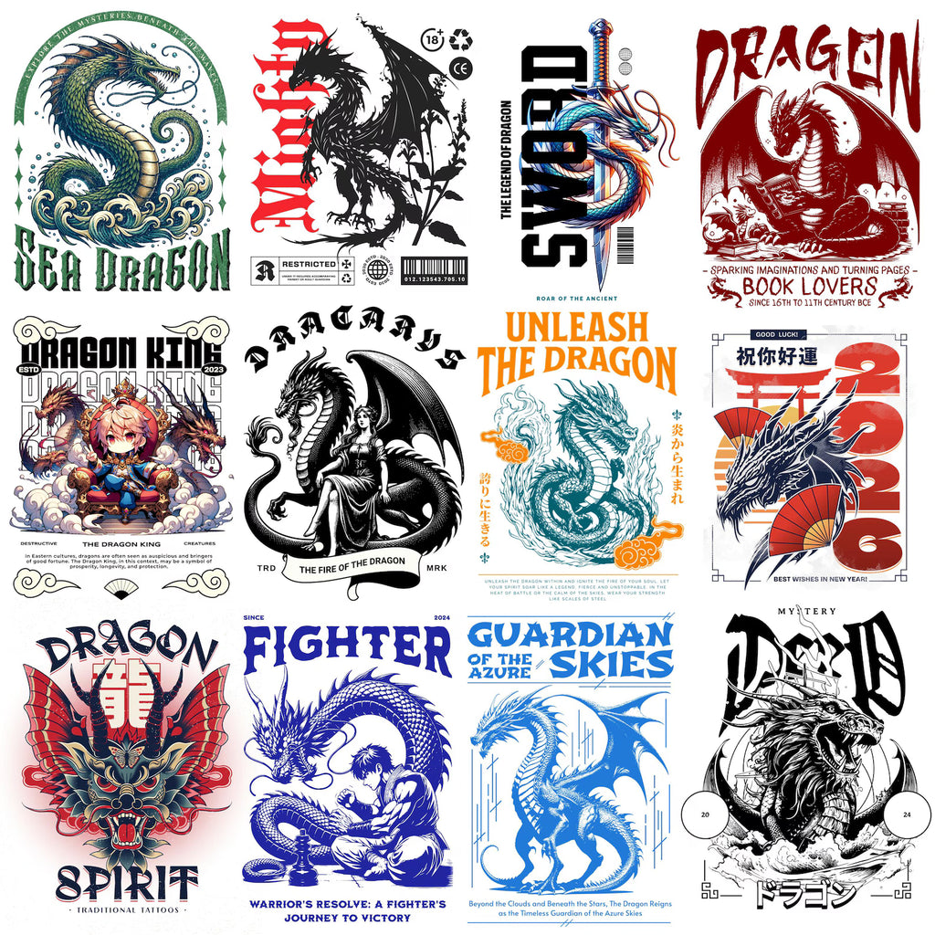 400+ Dragons & Samurai Streetwear PNG Bundle | Urban Japanese Graphic T-Shirt Design Pack for POD
