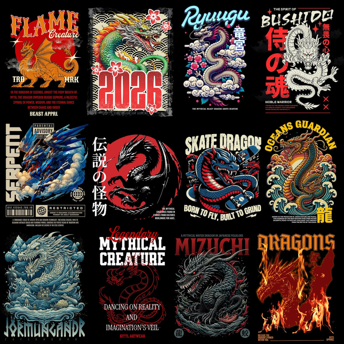 400+ Dragons & Samurai Streetwear PNG Bundle | Urban Japanese Graphic T-Shirt Design Pack for POD